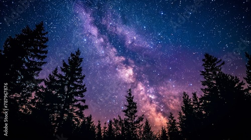 A view of a night sky with the milky way and trees, AI