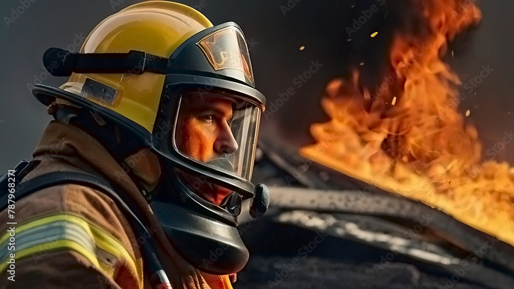 Naklejka premium A male firefighter in a special outfit against the background of flames and clouds of black smoke. A rescuer on fire. A firefighter extinguishes the fire.