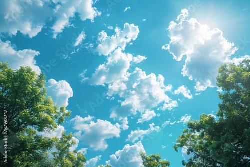 The serene summer day embraced a heavenly blue sky, fluffy clouds, and tranquil atmosphere under the clear sun © Fokasu Art