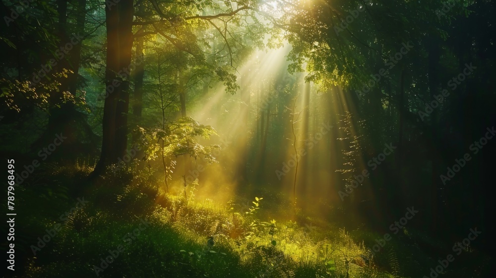 Obraz premium Sunrays in dark forest. Sun rays in woods. Sunbeam light Spring time. Spectacular morning sun light rays in the forest.