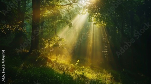 Sunrays in dark forest. Sun rays in woods. Sunbeam light Spring time. Spectacular morning sun light rays in the forest. © Plaifah