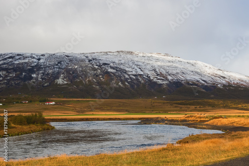 River Brúará and snowy mountains in Iceland