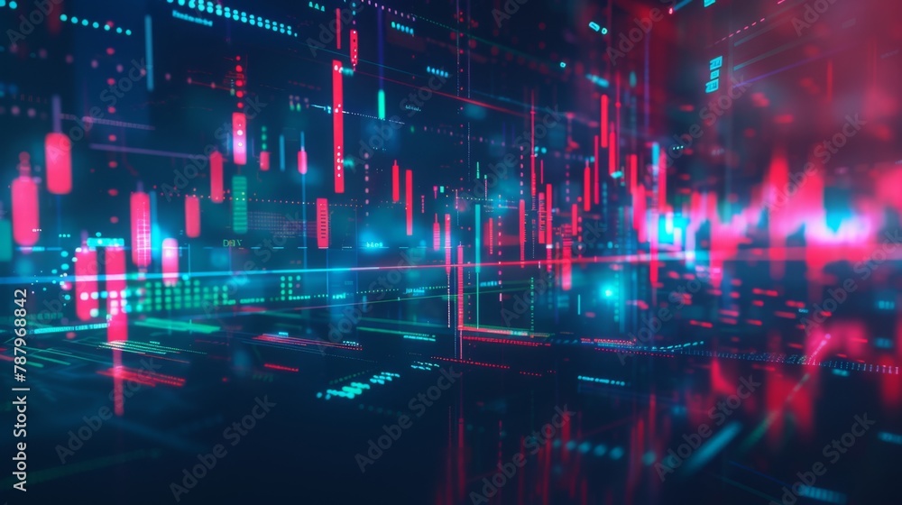 Technical price graph and indicator, red and green candlestick chart on blue theme screen, market volatility, up and down trend. Technical price graph and indicator, red and green candlestick chart on blue theme screen, market volatility, up and down trend.