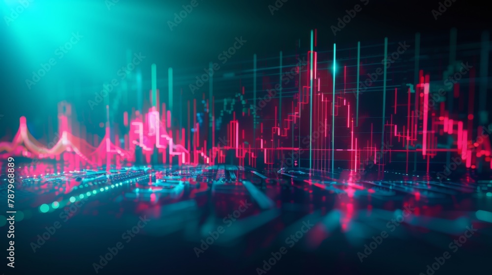 Technical price graph and indicator, red and green candlestick chart on blue theme screen, market volatility, up and down trend. Technical price graph and indicator, red and green candlestick chart on blue theme screen, market volatility, up and down trend.