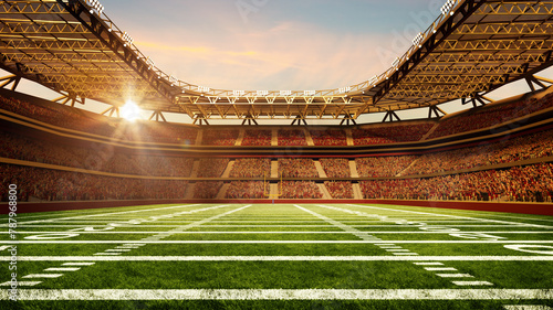 American football stadium with yellow goal post, grass field and blurred fans at tribune view on sunny day. 3D render. Concept of professional sport, event, tournament, game, championship