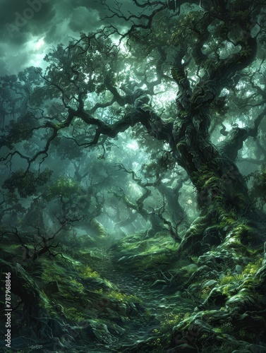 Heavy, brooding clouds hanging over an ancient forest, thick trunks and dense foliage barely visible in the dim light