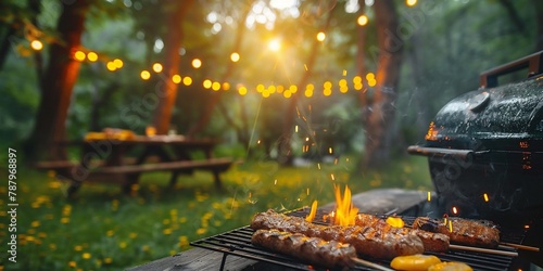 Grilling Meat and Shish Kebab at a Summer Barbecue camping. camping BBQ dinner. © Yuan