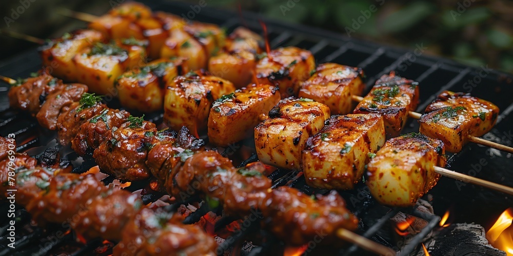Grilling Meat and Shish Kebab at a Summer Barbecue camping. camping BBQ dinner.