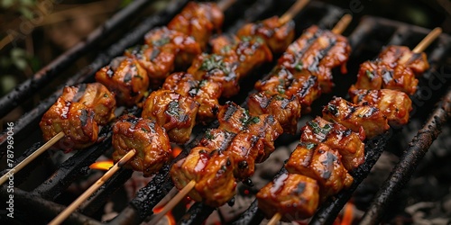 Grilling Meat and Shish Kebab at a Summer Barbecue camping. camping BBQ dinner.