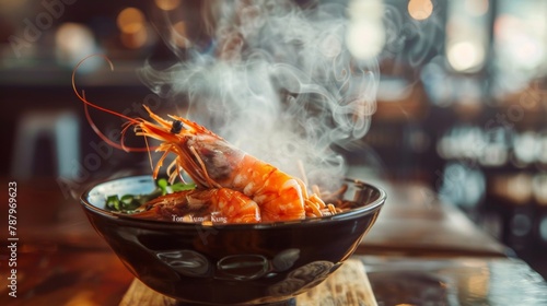 "Tom Yum Kung" with steam and smoke in bowl on old kitchen table. Prawn soup is popular and famous food,