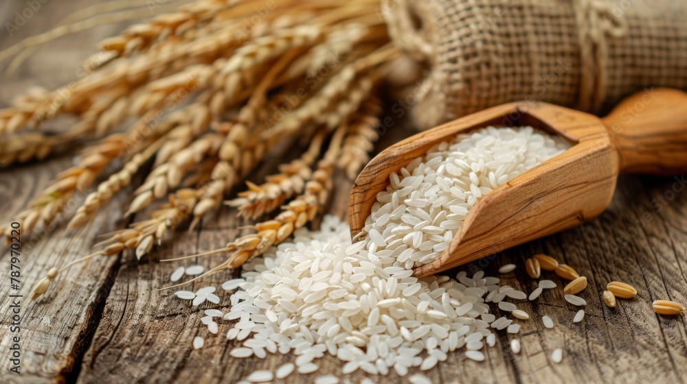 Obraz premium Top view of wooden grain scoop with pile of scattered white rice on wooden table near tied bunch of dry wheat ears