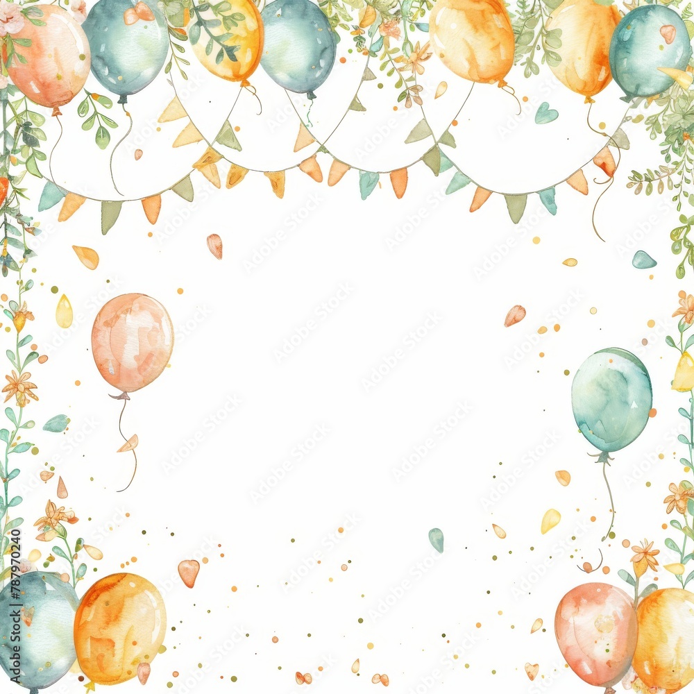 Watercolor balloons and buntings with flowers and leaves.