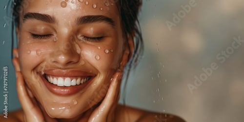 A radiant woman smiling with water droplets on her face, evoking freshness, skincare, and vitality