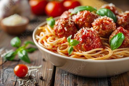 Italian-style pasta with meatballs in marinara sauce served on a rustic table.