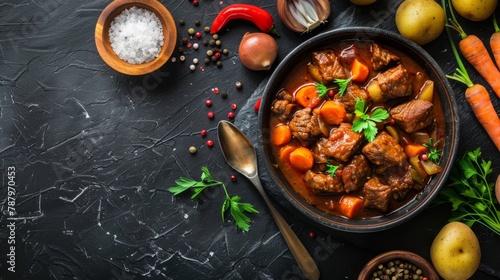 Traditional Hungarian goulash - beef meat stewed with potatoes, carrots, onions, spices on a dark background, top view.