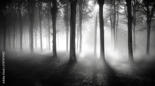 Tree silhouettes in a dark misty forest. Osnabruck  Germany