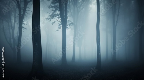 Tree silhouettes in a dark misty forest. Osnabruck, Germany