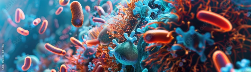 An artistic rendition of the symbiotic relationship between skin cells and the microbiome, highlighting beneficial bacteria on the skin surface - obrazy, fototapety, plakaty 