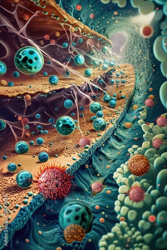 A scientific illustration of the process of keratinization in skin cells, showing keratinocytes hardening and moving to the surface photo