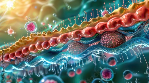 A vibrant depiction of the lipid layers within skin cells, illustrating the barrier against water loss and environmental damage photo