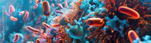 An artistic rendition of the symbiotic relationship between skin cells and the microbiome, highlighting beneficial bacteria on the skin surface photo