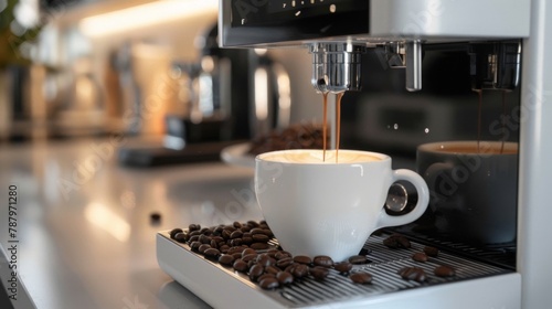 white coffee cup, coffee beans, coffee machine