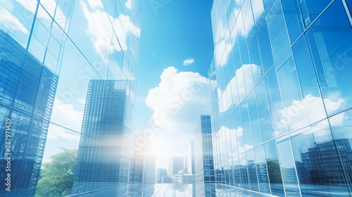 Transparent abstract modern office buildings glass wall background, blue sky reflecting exteriors