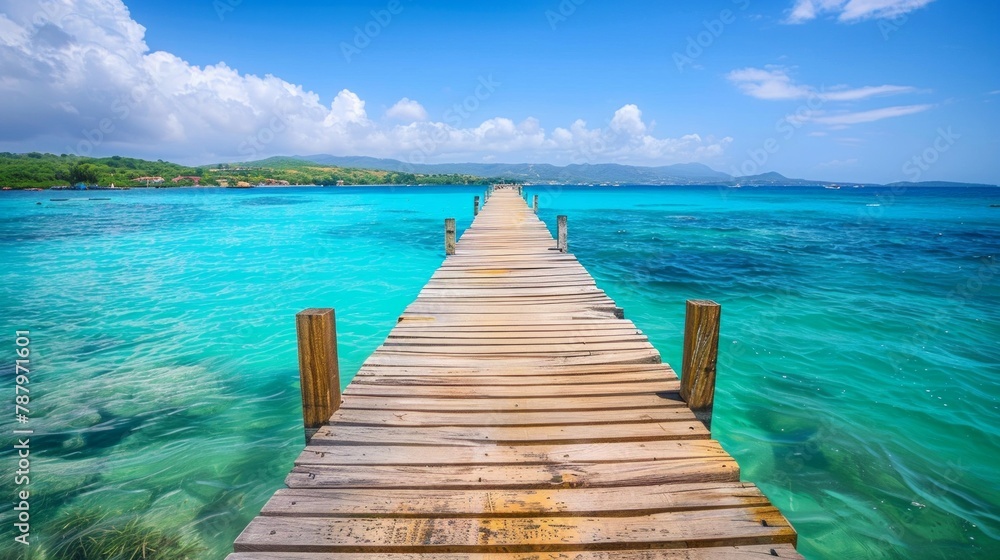 Obraz premium Idyllic wooden pier extending into the calm turquoise sea under a sunny sky, capturing the essence of tropical serenity AI Generative.