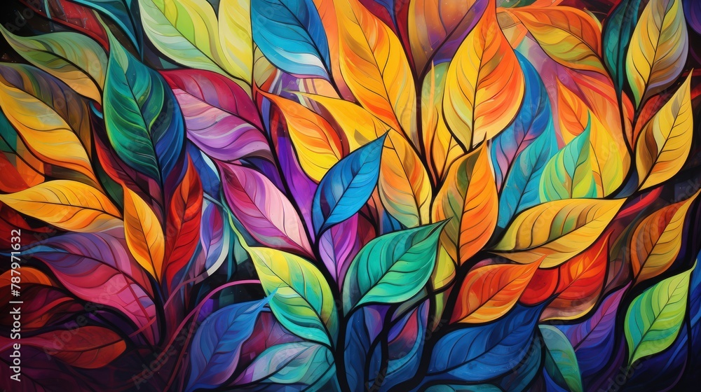 Illustrative depiction of a background filled with colorful leaves in abstract patterns Illustrative depiction of a background filled with colorful leaves in abstract patterns