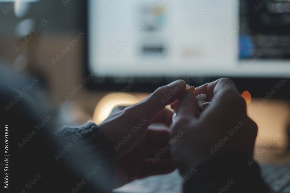 Close-up of blurry hands fumbling with medication, a computer screen out-of-focus in the background Close-up of blurry hands fumbling with medication, a computer screen out-of-focus in the background