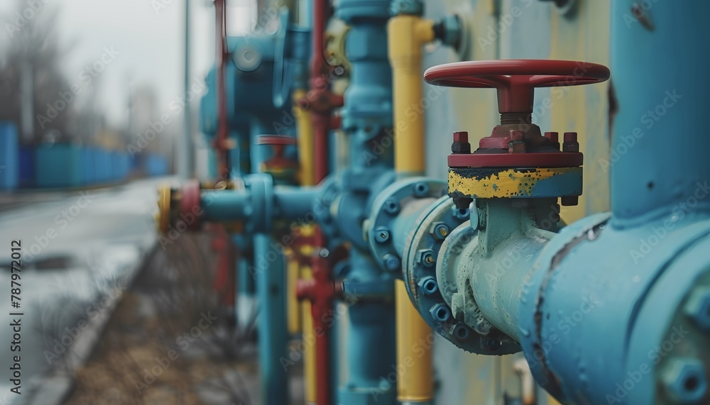  A detailed close-up of colorful industrial gas valves and pipes, highlighting the textures and mechanisms of industrial equipment.