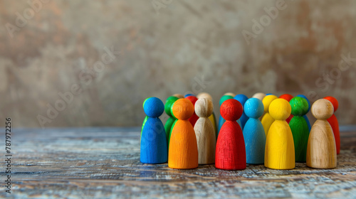 Wooden figurines representing people social inclusion, diversity and solidarity, concept background