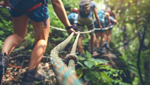 Hikers on a jungle adventure trail, grasping a guiding rope as they navigate a lush forest.