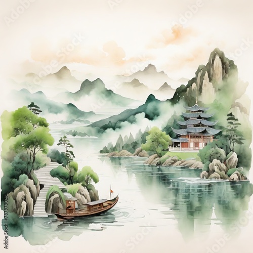 Lake and mountain landscape in chinese style background. Japanese watercolor painting with green hills, trees, chinese temples, boat in mist. Oriental wallpaper design for wall art, print, decor.