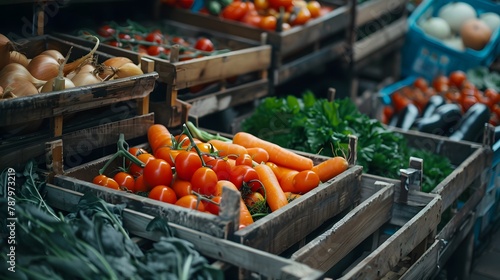 Fresh, colorful fruits and vegetables like tomatoes, apples, and oranges fill a market stall