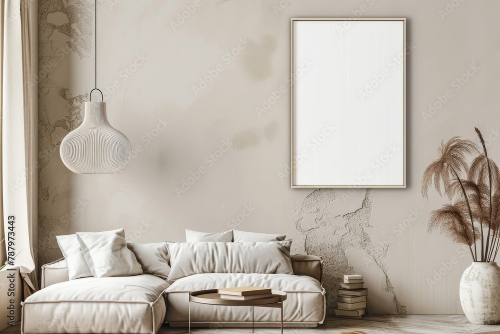 Fototapeta premium Beige Scandinavian Interior with Poster Mockup created with Generative AI