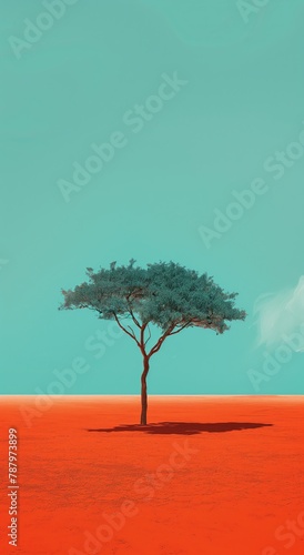 Lone Tree in a Surreal Red Desert Landscape