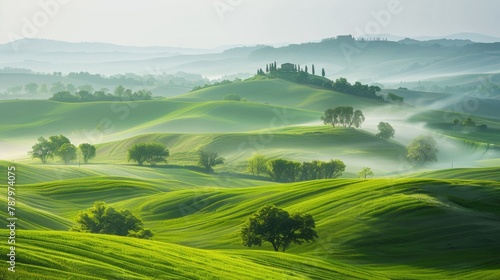 A view of a green landscape with rolling hills and trees, AI photo