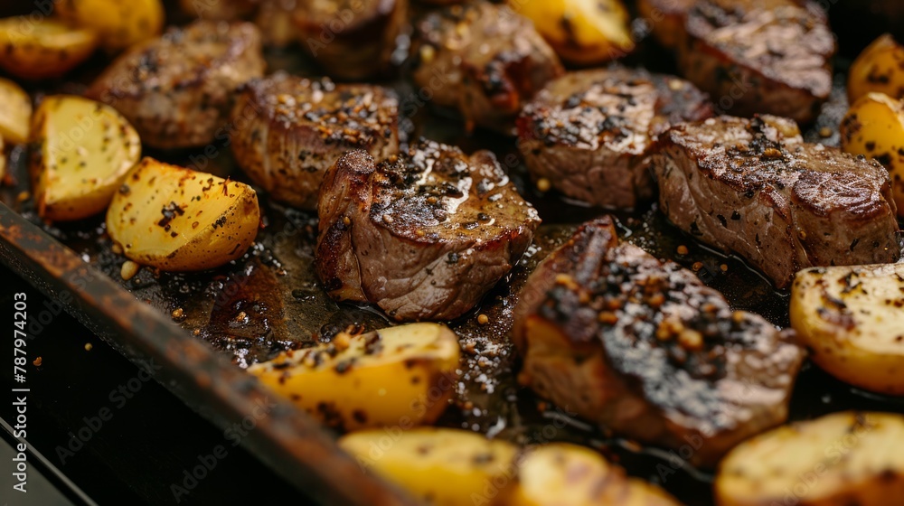 Tasty steaks with potatoes and rosemary, closeup. Grilled beef steaks with potatoes