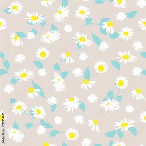 Hand-drawn seamless pattern with floral print. Contour silhouette of white daisies on a beige background. Vector pattern for printing on fabric, gift wrapping, covers, wallpapers.