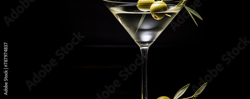 Classic coctail drink with olives on elegant on black background photo
