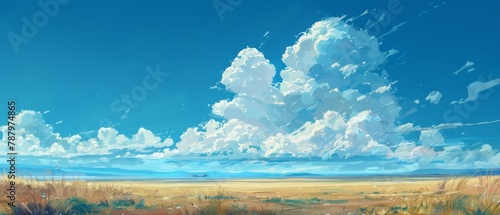 The serene natural setting under a peaceful blue sky, fluffy white clouds on a bright clear summer day