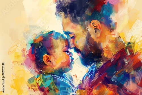 For father's day on June 16,a father, created using pixelated art design and water color art design, shows his child holding and kissing him with love : Generative AI