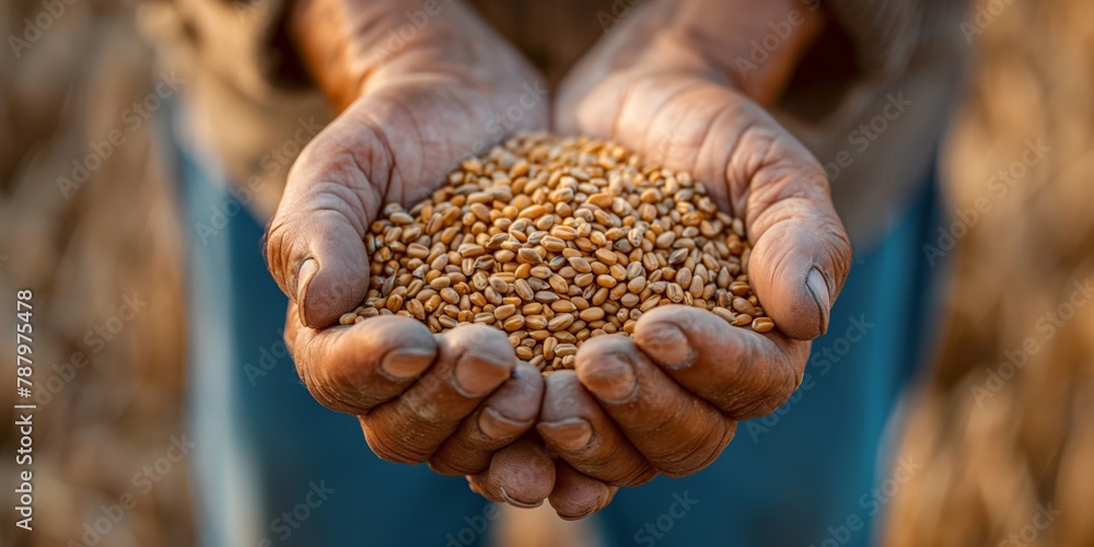 The background focuses on a farmer's hands full of harvested wheat grains, symbolizing agriculture The background focuses on a farmer's hands full of harvested wheat grains, symbolizing agriculture