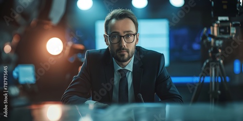 A focused male news anchor sits at the news desk, ready for the camera in an illuminated studio background