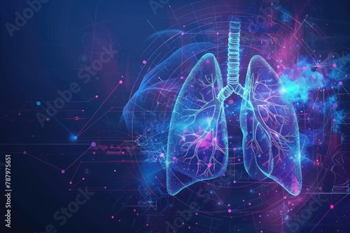 cutting-edge medical research or lung health services, Anatomical illustration of human lungs, glowing blue and purple neon, cosmic background, nebula, stars, digital art, #787975651