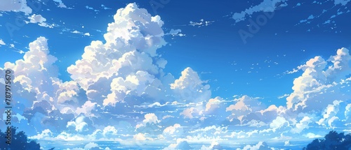 The serene summer day boasted a vast sky with light, fluffy clouds, creating a tranquil, sunny setting