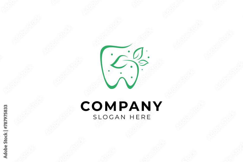Natural tooth logo with leaf plant combination in flat design style