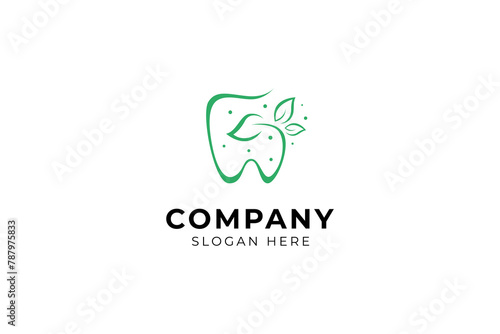 Natural tooth logo with leaf plant combination in flat design style