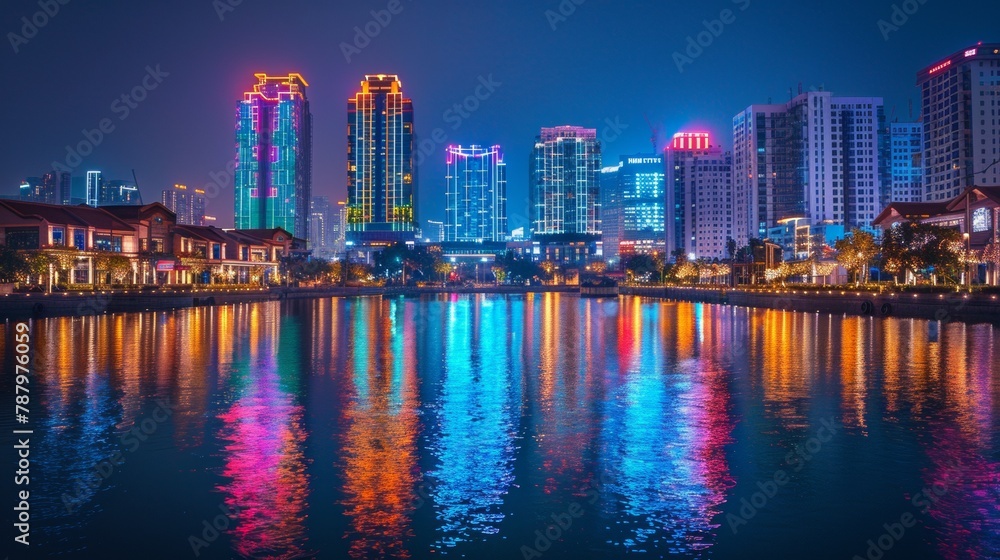 A city skyline lit up at night with a river in the foreground, AI